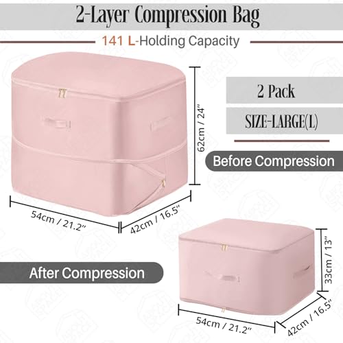 ABOUT SPACE 2Pcs Ultra Space Saving Self Compression Organizer - 144 L Vacuum Storage Bags - Packing Vaccine Bags for Clothes Airtight Reusable -Travel Essentials (Pink -Large - L 54 x B 42 x H 62 cm)