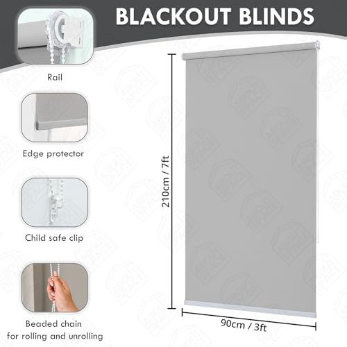ABOUT SPACE Window Blinds - 3 x 7 ft Blackout Roller Blinds with Pull Bead for Privacy, UV Protection | Corded Roll Up Curtain Window Shades for Home, Office, Living Room, Bedroom- Grey