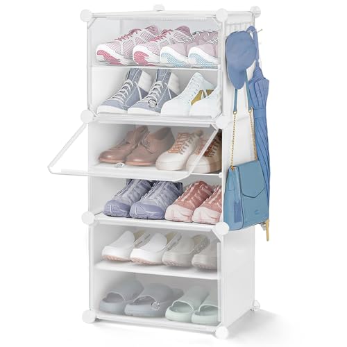 ABOUT SPACE Shoe Rack Organizer - 6 Layer Shoe Stand With Hanger & Door - DIY 12 Pair Portable, Expandable 3 Cube Shoe Stand (White)