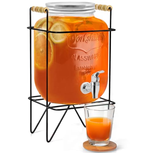 B0DKJ373VN ABOUT SPACE 5 Litre Glass Water Dispenser with Stand - Air Tight Lid Glass Pitcher for Detox Water - Mason Jar - Counter Table Top Juice Infused Water Beer Dispenser for Home Restaurant Party