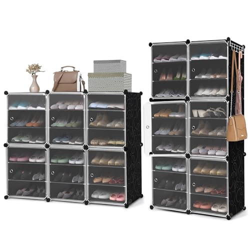 ABOUT SPACE Shoe Rack Organizer - 18 Layer Shoe Stand with Hanger & Door - DIY 36 Pair Portable, Expandable 2 Way (Vert/Horiz) Assembly 6 Cube Shoe Stand (Black)