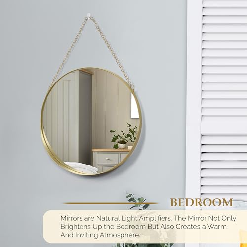 ABOUT SPACE 12 Inch Wall Hanging Mirror with Chain-Circle Mirror with Metal Frame (Golden - W 30 x H 45 cm)