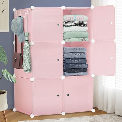 ABOUT SPACE Collapsible Wardrobe - DIY 6 Cube Plastic Almirah for Clothes with Side Hanger, Door Magnet & Hamer- Foldable Wardrobe for Storage for Home | Storage Organizer - Pink