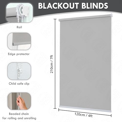 ABOUT SPACE Window Blinds - 4 x 7 ft Blackout Roller Blinds with Pull Bead for Privacy, UV Protection | Corded Roll Up Curtain Window Shades for Home, Office, Living Room, Bedroom- Grey