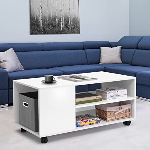 ABOUT SPACE Coffee Table with Storage - Portable Wooden Center Table with Caster Wheels & Open Rack - Furniture - Sofa/Tea Table/Teapoy for Living Room, Home, Office (White- L 90 x B 45 x H 45 cm)