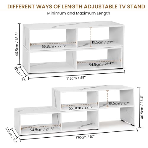 ABOUT SPACE TV Unit for Living Room - Engineered Wood DIY TV Stand Entertainment Unit, Expandable TV Table, 4 Open Display Shelves (L115-170 x B30xH 46.5cm - White Marble)