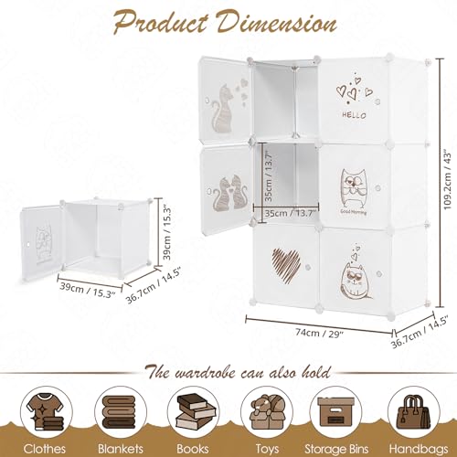 ABOUT SPACE Collapsible Wardrobe - DIY 6 Cube Plastic Almirah for Clothes with Printed Doors, Side Hanger, Door Magnet & Hamer- Foldable Wardrobe for Storage for Home | Storage Organizer - White