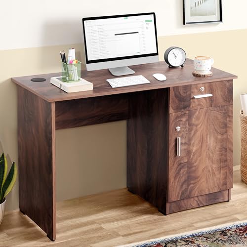 ABOUT SPACE Study Table with Lockable Drawer, Cabinet & Wire Holes (Walnut -L 105 x B 45 x H 75cm)