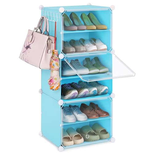 ABOUT SPACE Shoe Rack Organizer - 6 Layer Shoe Stand With Hanger & Door - DIY 12 Pair Portable, Expandable 3 Cube Shoe Stand (Blue)