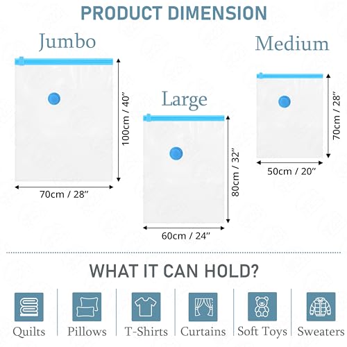 ABOUT SPACE 6 Pack Vacuum Bags for Travel with Hand Pump (2 Jumbo/2 Large/2 Medium)