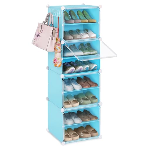 ABOUT SPACE Shoe Rack Organizer - 8 Layer Shoe Stand With Hanger & Door For Home - DIY 12 Pair Portable Expandable 4 Cube Shoe Stand For Boots Heels Slipper Stand For Women Men Outdoor (Blue) Plastic