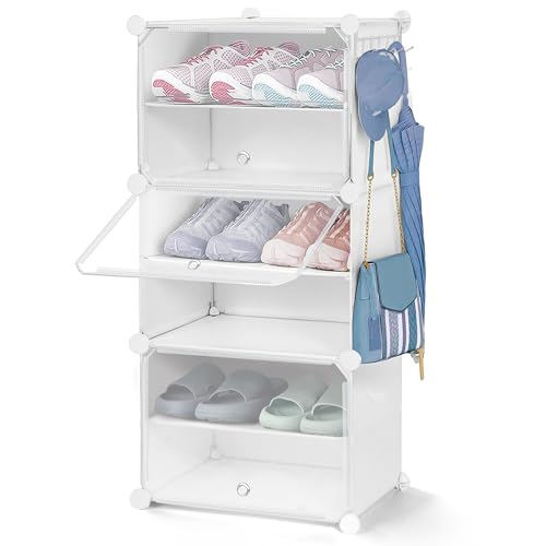 ABOUT SPACE Shoe Rack Organizer - 8 Layer Shoe Stand With Hanger & Door - DIY 16 Pair Portable, Expandable 4 Cube Shoe Stand (White)