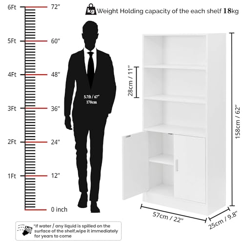 ABOUT SPACE 5 ft Kitchen Cabinet - 5 Tier Wooden Storage Cabinet with 3 Open Shelves & 2 Magnetic Door (White - L 57 x B 25 x H 158 cm)
