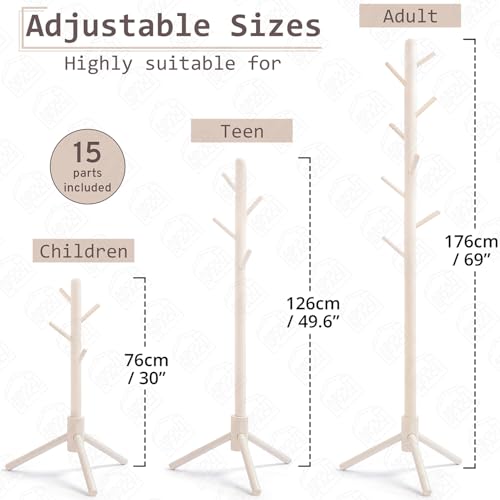 ABOUT SPACE Coat Hanger Stand for Home - Detachable Coat Rack with 8 Hooks for Umbrella, Handbags, Dress Hanger Stand for Adults Teen Children for Bedroom Living Room Entryway (White H 76 cm - 176 cm)