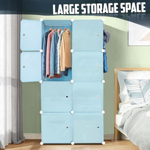 ABOUT SPACE Collapsible Wardrobe - DIY 8 Cube Plastic Almirah for Clothes with Side Hanger, Clothes Hanger, Door Magnet & Hamer- Foldable Wardrobe for Storage for Home | Storage Organizer - Blue