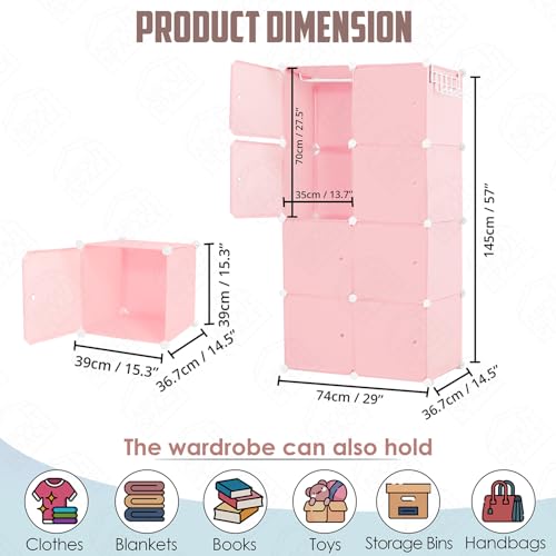 ABOUT SPACE Collapsible Wardrobe - DIY 8 Cube Plastic Almirah for Clothes with Side Hanger, Clothes Hanger, Door Magnet & Hamer- Foldable Wardrobe for Storage for Home | Storage Organizer - Pink