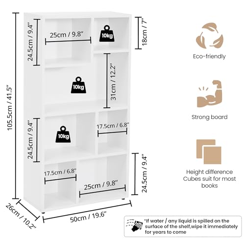 ABOUT SPACE Book Shelf for Home Library - Book Rack with 7 Different Sized Shelves (White - L 50 x B 26 x H 106 cm)