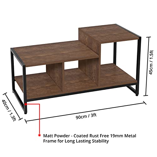 ABOUT SPACE Coffee Table with Storage - Space Saving Tipoy with 3 Storage Compartment, Metal Leg & Adjustable Footpad (Brown-L90xB40xH45 cm)