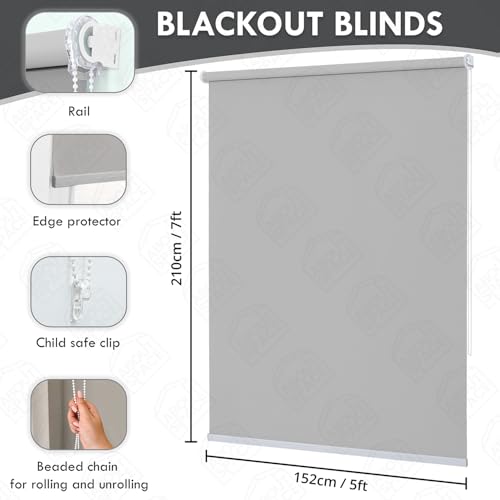 ABOUT SPACE Window Blinds - 5 x 7 ft Blackout Roller Blinds with Pull Bead for Privacy, UV Protection | Corded Roll Up Curtain Window Shades for Home, Office, Living Room, Bedroom- Grey