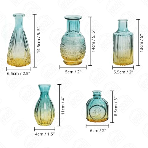 ABOUT SPACE Glass Bud Flower Vase – Pack of 5 Glass Centrepiece Mini Flower Vase -Antique Collection for Wedding Decoration Sturdy Textured Drop Shaped Table Top Decor for Home Restaurants - Gradient