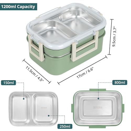 ABOUT SPACE Lunch Box - 2 Tier Compartment 1200ml Insulated Tiffin Box with Silicon Gaskets Lid, No Leak-Proof (Green L 17 x B 11.5 x H 9.5 cm)