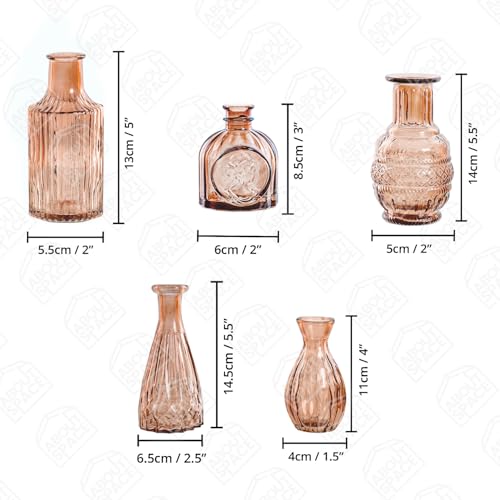 ABOUT SPACE Glass Bud Flower Vase – Pack of 5 Glass Centrepiece Mini Flower Vase - Brown