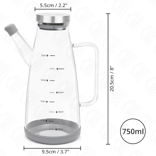 ABOUT SPACE Glass Oil Dispenser 750 ml with Stainless Steel Cap, Silicone Base, Measurement, Drip-proof Hawk with Dust Cap, Leak-proof Oil Bottle for Kitchen, Upto 300°F Easy to Refill Oil Container