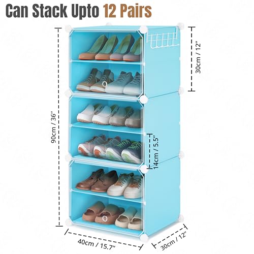 ABOUT SPACE Shoe Rack Organizer - 6 Layer Shoe Stand With Hanger & Door - DIY 12 Pair Portable, Expandable 3 Cube Shoe Stand (Blue)