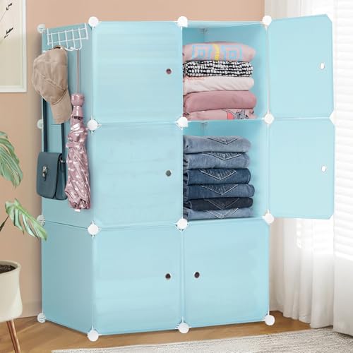 ABOUT SPACE Collapsible Wardrobe - DIY 6 Cube Plastic Almirah for Clothes with Side Hanger, Door Magnet & Hamer- Foldable Wardrobe for Storage for Home | Storage Organizer - Blue