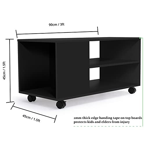 ABOUT SPACE Coffee Table with Storage - Portable Wooden Center Table with Caster Wheels & Open Rack (Black- L 90 x B 45 x H 45 cm)