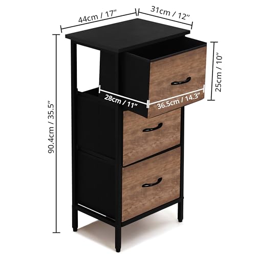 ABOUT SPACE Side Table for Bedroom with 3 Fabric Foldable Drawers (Black Mahogany-L 44 x B31 x H90.5 cm)