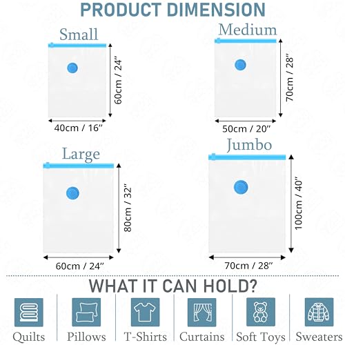 ABOUT SPACE 12 Pack Vacuum Bags for Travel with Electric Pump and Hand Pump (3 Jumbo/3 Large/3 Medium/3 Small)
