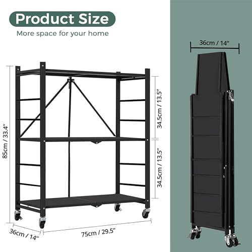 ABOUT SPACE Foldable Kitchen Storage Rack - 3 Tier (Black - L 75 x B 36 x H 85 cm)