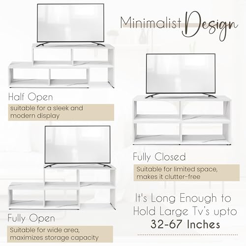 ABOUT SPACE TV Unit for Living Room - Engineered Wood DIY TV Stand Entertainment Unit, Expandable TV Table, 4 Open Display Shelves (L115-170 x B30xH 46.5cm - White Marble)