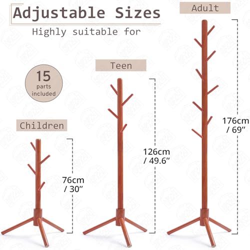 ABOUT SPACE Coat Hanger Stand for Home - Detachable Coat Rack with 8 Hooks for Umbrella, Handbags, Dress Hanger Stand for Adults Teen Children for Bedroom Living Room Entryway (Brown H 76 cm - 176 cm)