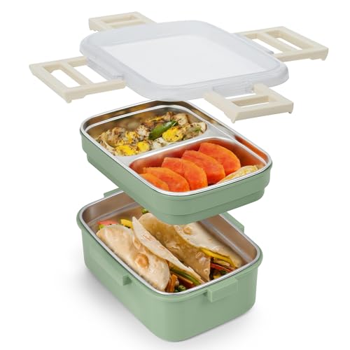 ABOUT SPACE Lunch Box - 2 Tier Compartment 1200ml Insulated Tiffin Box with Silicon Gaskets Lid, No Leak-Proof (Green L 17 x B 11.5 x H 9.5 cm)