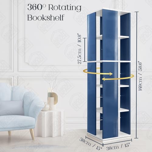 ABOUT SPACE Rotating Book Shelf for Home Library - 5 Tier 360° Book Rack | Semi UV Gloss Laminate DIY Engineered Wood Book Stand with Partition & Bottom Turnplate (Blue & White L 38 x B 38 x H 149 cm)
