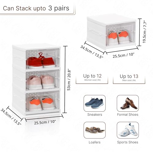 ABOUT SPACE Sneaker Box- 3 Pair Shoe Rack | Collapsible Shoe Organiser With Door-Foldable (White)
