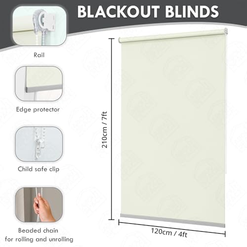 ABOUT SPACE Window Blinds - 4 x 7 ft Blackout Roller Blinds with Pull Bead for Privacy, UV Protection | Corded Roll Up Curtain Window Shades for Home, Office, Living Room, Bedroom- Ivory