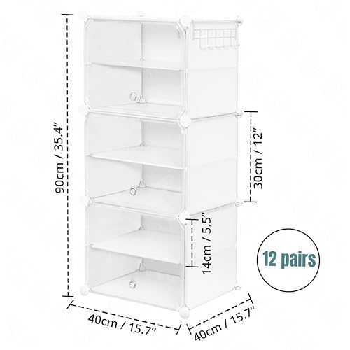 ABOUT SPACE Shoe Rack Organizer - 6 Layer Shoe Stand With Hanger & Door - DIY 12 Pair Portable, Expandable 3 Cube Shoe Stand (White)
