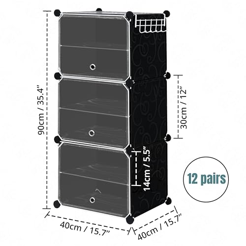 ABOUT SPACE Shoe Rack Organizer - 6 Layer Shoe Stand With Hanger & Door - DIY 12 Pair Portable, Expandable 3 Cube Shoe Stand (Black)