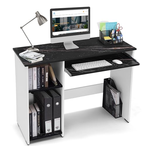ABOUT SPACE Computer Table for Home with Keyboard Tray,Adjustable Storage Space & Wire Holes (Black Marble & White - L 103 x B 43 x H 75 cm)