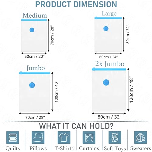 ABOUT SPACE 15 Pack Vacuum Bags for Travel with Electric Pump and Hand Pump (2-2X Jumbo/5 Jumbo/4 Large/4 Medium)
