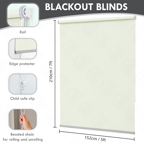 ABOUT SPACE Window Blinds - 5 x 7 ft Blackout Roller Blinds with Pull Bead for Privacy, UV Protection | Corded Roll Up Curtain Window Shades for Home, Office, Living Room, Bedroom- Ivory