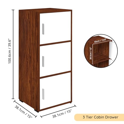 ABOUT SPACE Wooden Cabinet - 3 Tier Engineered Wood Storage Cabinet with Magnetic Door (Oak Red - L 38 x B 38 x H 100.5 cm)