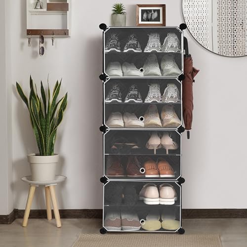 ABOUT SPACE Shoe Rack Organizer - 8 Layer Shoe Stand With Hanger & Door - DIY 16 Pair Portable, Expandable 4 Cube Shoe Stand (Black)