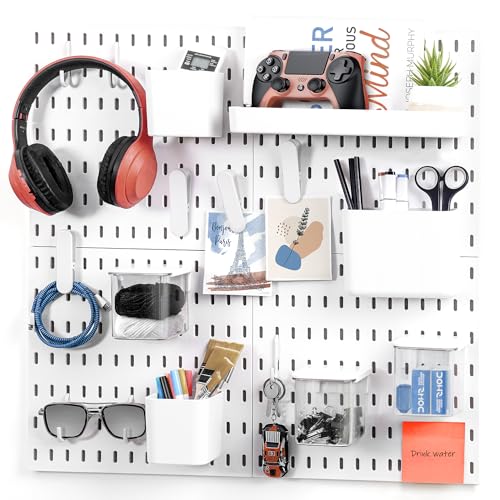 ABOUT SPACE Peg Board - 4 Pcs Pegboard Wall Organizer (L 28 x H 28 cm) with 16 Accessories & Self-Adhesive Stickers For Home Office, Bathroom, Kitchen, Living Room White Pegboard Wall Hanging