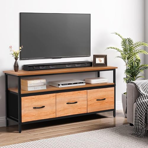 ABOUT SPACE TV Unit for Living Room - TV Stand with 3 Fabric Foldable Drawer Storage Organizer (Teak Color- L 120 x B 31 x H 60 cm)