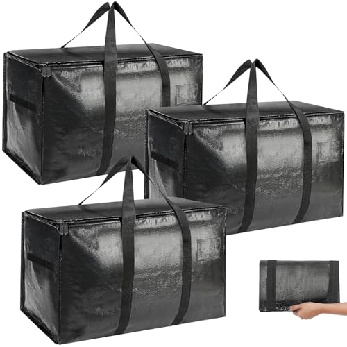 B0DP9SPN1T ABOUT SPACE 3 Pcs Extra Large Moving Bag 105 L Storage Bags for Clothes Large - PP Packing Bags for Shifting- Organizer Bag for Books, Blanket Cover Bag with Wrap Around Handles & Zipper - Black