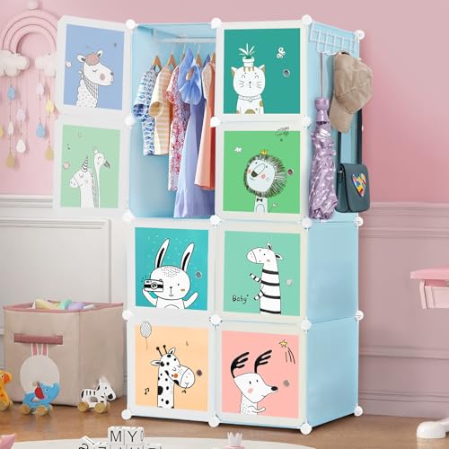 ABOUT SPACE Kids Wardrobe - DIY 8 Cube Kids Almirah with Cartoon Print Door, Side Hanger, Cloth Hanger, Door Magnet & Hamer - Collapsible Baby Clothes Organizer | Storage for Clothes Boys Girls - Blue